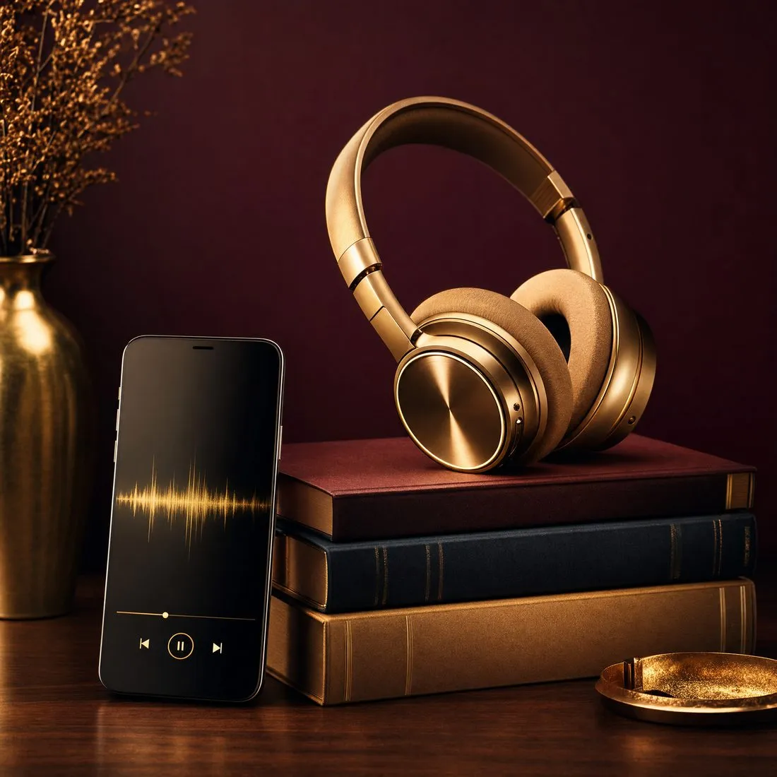 Telemóvel a reproduzir um audiobook ao lado de auscultadores dourados sobre uma pilha de livros
