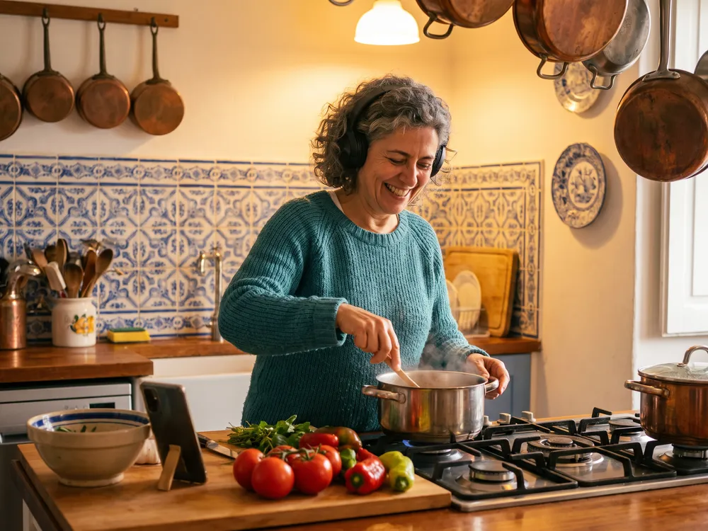 Mulher a cozinhar numa cozinha com azulejos enquanto ouve um audiobook
