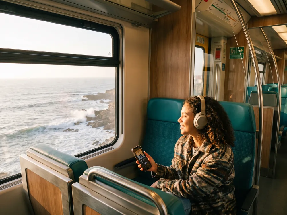 Passageira a ouvir um audiobook no comboio, com o mar à janela