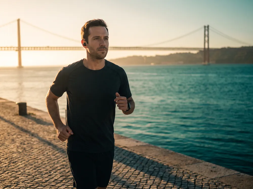 Homem a correr junto ao Tejo com auriculares, com a ponte ao fundo
